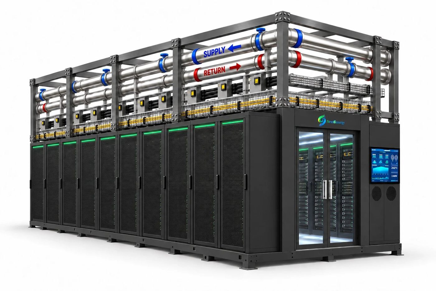Prefabricated liquid-cooling skid: a row of liquid-cooled racks on a steel frame with overhead supply and return headers, cable trays and an integrated CDU